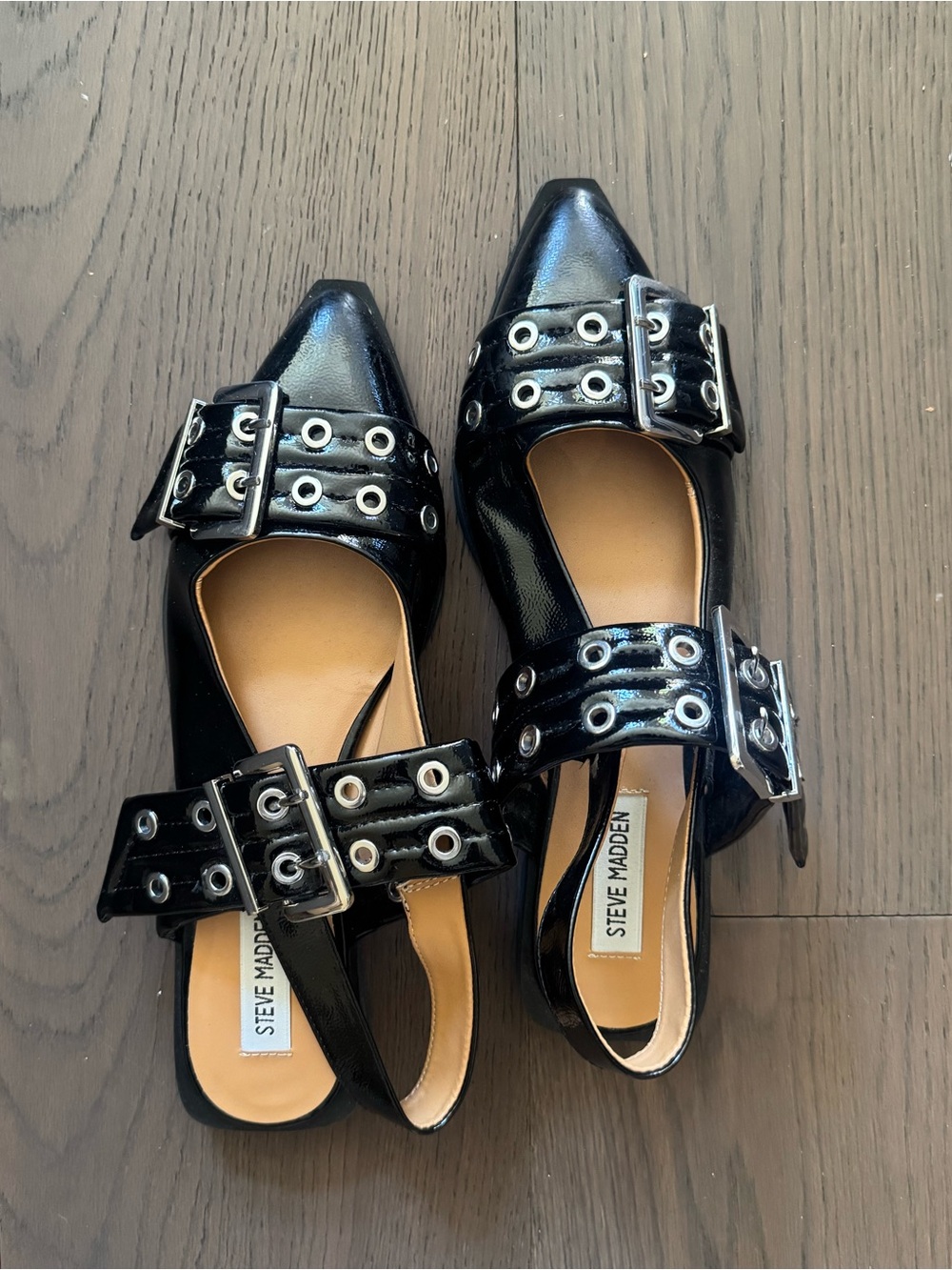 Steve Madden Black Patent Pointed Buckle Flats